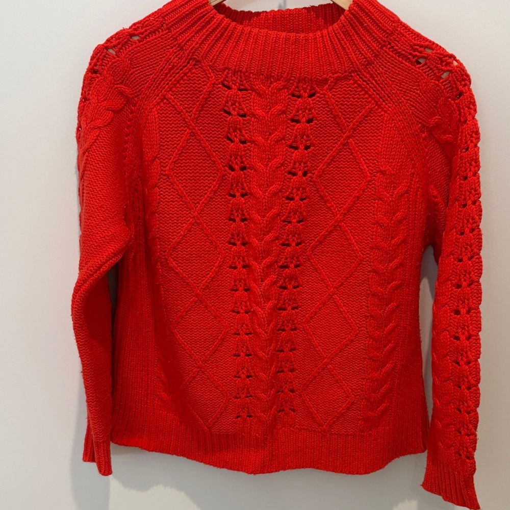 J. Crew Bright Red Cable-Knit Crewneck Sweater